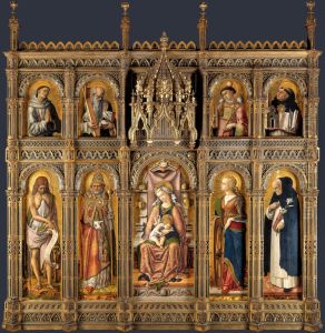 Altar von San Domenico in Ascoli, Polyptychon, Gesamtansicht, Mitteltafel: Thronende Madonna, linke und rechte Tafeln sowie oberes Register: Heilige by Carlo Crivelli