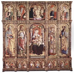 Hauptaltar des Domes von Ascoli, Polyptychon, Gesamtansicht, Mitteltafel: Thronende Madonna, linke und rechte Tafeln: Heilige, Predella: Apostel und Segnender Christus, Aufsatze: Heilige und Beweinung Christi by Carlo Crivelli