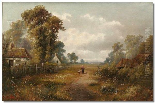 Rural Landscape Withfigures On A Path And Cottages To Each Side - view 1