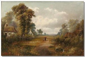 Rural Landscape Withfigures On A Path And Cottages To Each Side by J. Challar