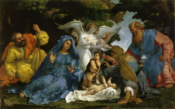 L'Adoration de l'Enfant Jesus avec la Vierge, saint Joseph, le petit saint Jean Baptiste, sainte Elisabeth, saint Zacharie et trois anges ou La Reconnaissance de la nature divine du Christ - view 1