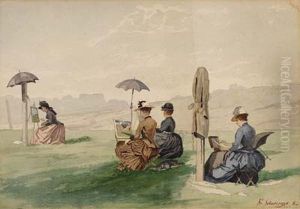 Malerinnen (Schwinges Schulerinnen) im Freien by Friedrich Schwinge