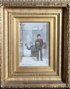 "clean Your Path Sir?" - Two Children At A Snow-covereddoorstep by Hector Chalmers