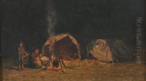 Figures At A Camp Fire by Hector Chalmers