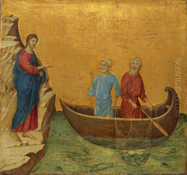 Maesta, Altarretabel des Sieneser Doms, Ruckseite, Predella mit Szenen zur Versuchung Christi und Wundertaten, Szene: Die Berufung der Apostel Petrus und Andreas - view 1