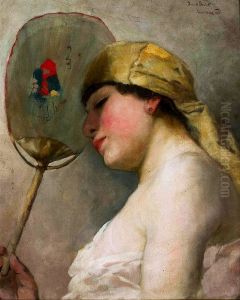 Woman with a fan. by Ludwik Stasiak