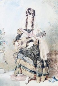 A Spanish Lady Playing A Guitar by Alfred-Edward Chalon