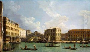 View in Venice, on the Grand Canal (Rialto Bridge) by Canaletto