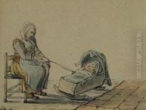 Two Coloured Drawings Attributedto Christina Chalon ; A Man Walking With A Stick