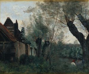 Willows and Farmhouse at Sainte-Catherine-les-Arras by Jean-Baptiste Camille Corot