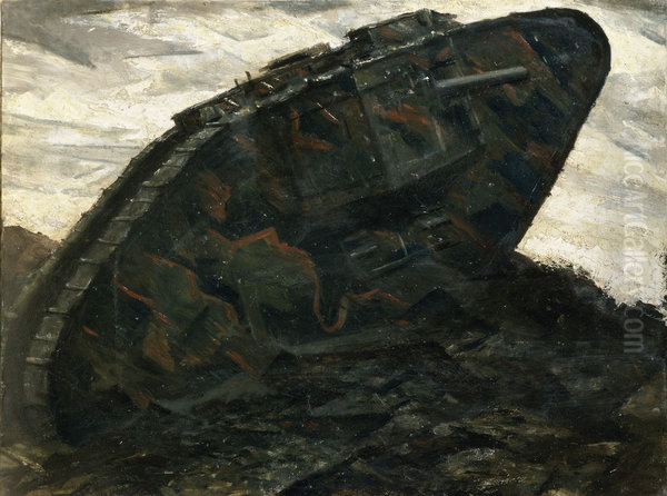 Camouflaged tank crossing muddy terrain - view 1