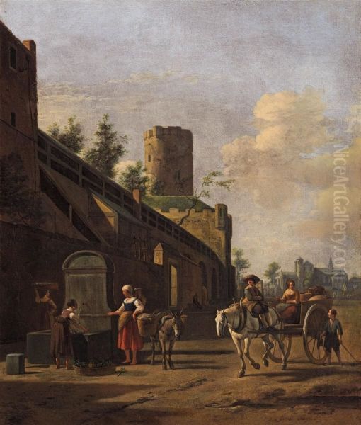 City wall of Cologne with peasants and travellers nearby, the church of St. Pantaleon in the background - view 1