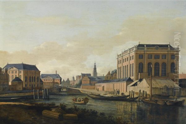 View of the Grat Synagogue and the Portugese Synagogue in Amsterdam, with the towers of the city hall and the Zuiderkerk - view 1