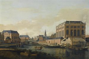 View of the Grat Synagogue and the Portugese Synagogue in Amsterdam, with the towers of the city hall and the Zuiderkerk