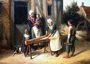 Paysans occupes a preparer le chanvre devant la porte d'une chaumiere by Pierre Duval Le Camus