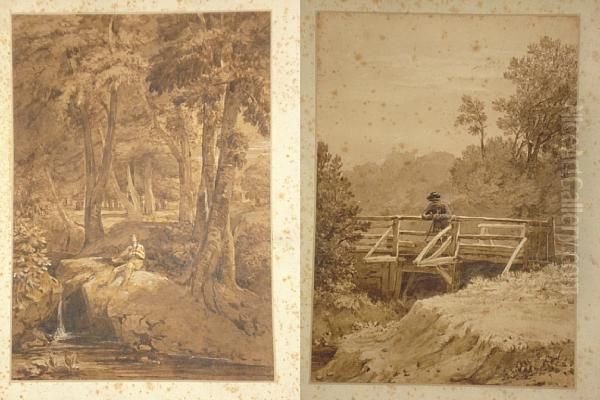 Traveller Resting On A Footbridge, Togetherwith Another Of A Gentleman Resting On A Wooded River Bank - view 1