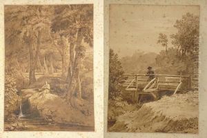 Traveller Resting On A Footbridge, Togetherwith Another Of A Gentleman Resting On A Wooded River Bank by John James Chalo