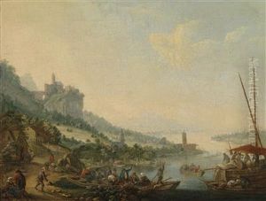 A River Landscape With A Ferry Boat And Acastle On A Hill by Louis Chalon