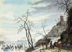 A Dutch Winter Landscape With Figures Skating On A Frozenriver by Louis Chalon