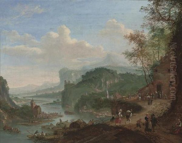 A Wooded River Landscape With Figures On A Track By A Cottage, And Disembarking From Boats Beyond - view 1