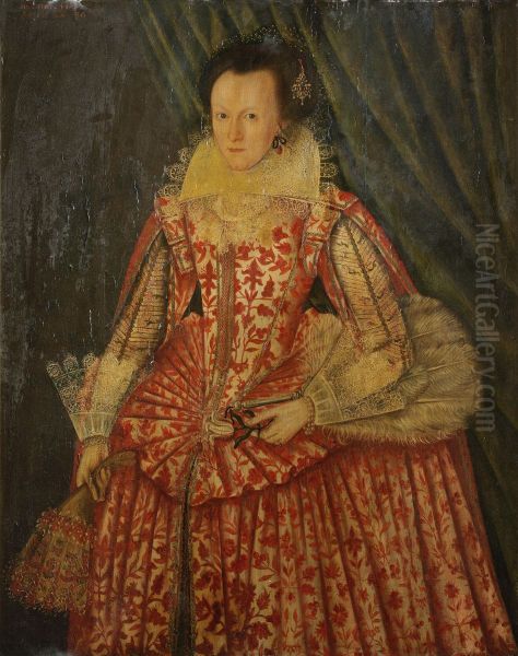 Portrait of a Lady, Three-quarter-length, in a Red and White Dress, Holding Gloves and a Fan - view 1