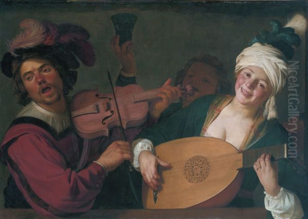 Couple making music behind a balustrade - view 1