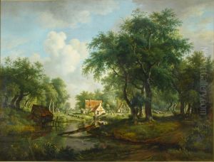 Een boomrijk landschap met een beek by Jan Hulswit