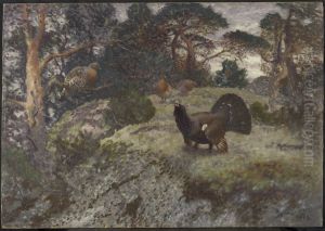 Bolderende auerhaan met drie hennen by Bruno Andreas Liljefors