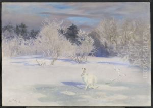 Winterlandschap met sneeuwhaas by Bruno Andreas Liljefors