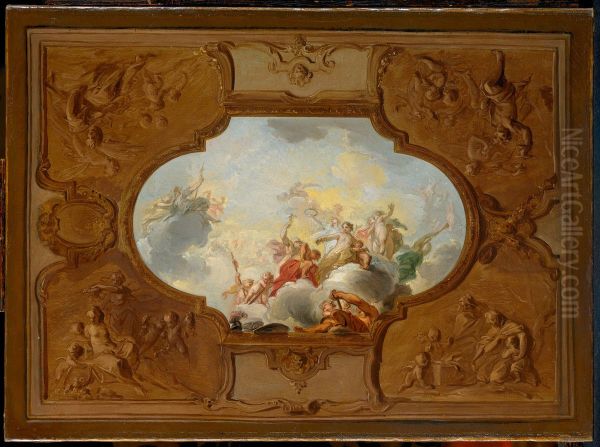 Ontwerp voor een plafondstuk met de apotheose van Aeneas. In de hoeken de vier jaargetijden in brunaille - view 1