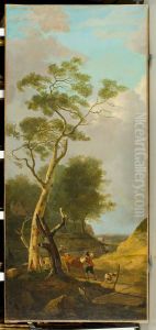 Heuvelachtig landschap met veedrijver by Jacob van Strij