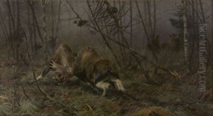 Twee vechtende elandstieren, op de achtergrond de koeien by Richard Friese