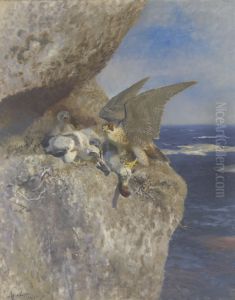Slechtvalk met nonnetje (?) als prooi bij zijn horst aan de kust by Bruno Andreas Liljefors