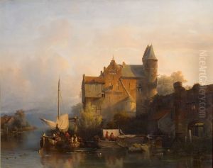 Rivierlandschap met gebouw en waterpoort
