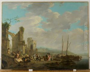 Kustlandschap met figuren bij een ruine