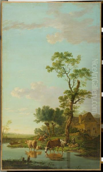Landschap met in een plas wadende koeien - view 1