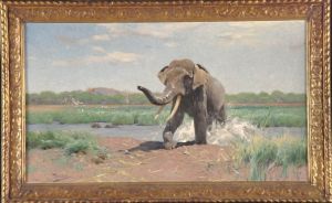 Indische olifant uit het water stappend by Wilhelm Kuhnert