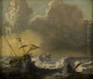 Schepen op zee bij storm by Claes Claesz. Wou