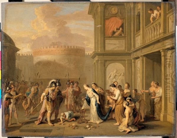 Koningin Kleophis biedt Alexander de Grote wijn aan na de verovering van Magazae - view 1