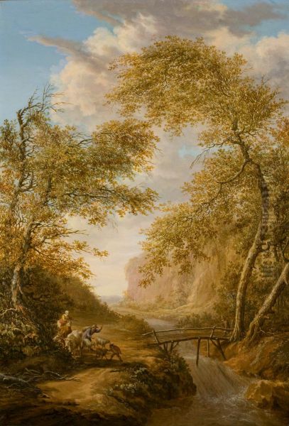 Bergachtig boslandschap met brug en waterval - view 1