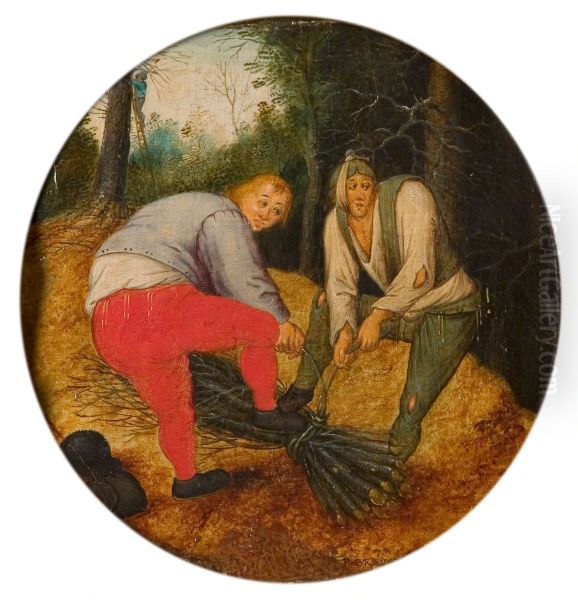 Twee mannen binden takken samen - view 1
