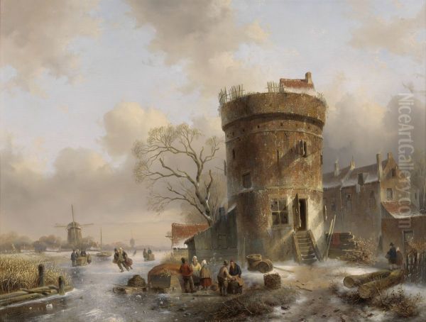 Winterlandschap met figuren op een bevroren rivier bij een toren - view 1