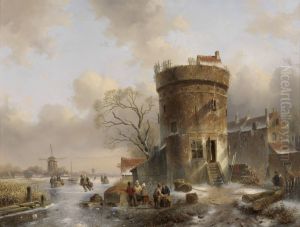 Winterlandschap met figuren op een bevroren rivier bij een toren by Charles Henri Leickert