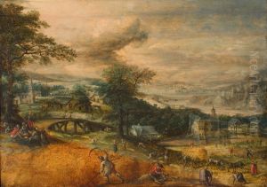 Landschap met oogstende boeren by Marten van Valckenborch