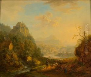 Landschap met rivier en bergen by Christian Georg Schutz