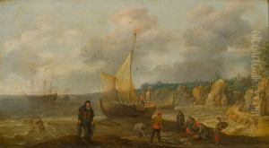 Zeegezicht met rotsachtige kust, vissers en schepen Zeegezicht met rotsachtige kust, vissers en schepen