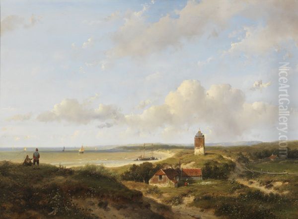 Een vuurtoren en visserswoningen in de duinen, in de verte de zee - view 1