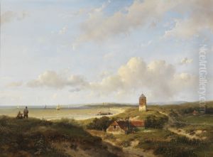 Een vuurtoren en visserswoningen in de duinen, in de verte de zee by Andreas Schelfhout