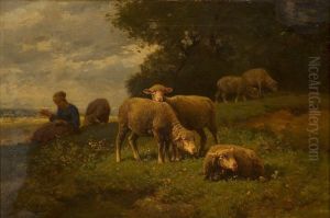 Landschap met schapen en herderin