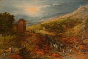 Gezicht op een rivierdal met figuren by Jan Brughel